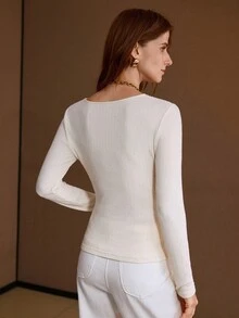 MOTF PREMIUM Camiseta ajustada con panel de encaje guipur en escote en V, otoño invierno - Albaricoque - Ver 3