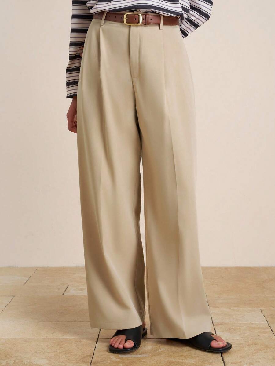 Airaco Pantalones casuales sueltos de pierna ancha y plisados de unicolor para mujer