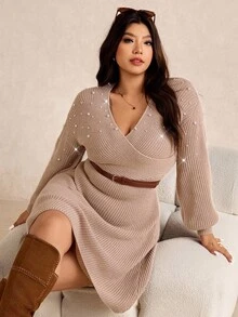 Elaquor 大码优雅都市时尚简约交叉珍珠装饰女士休闲连衣裙，秋冬