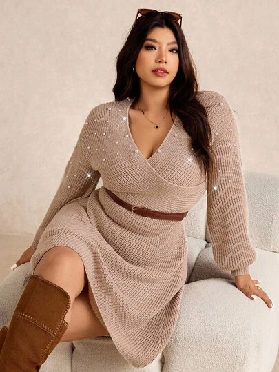 Elaquor Plus Size Elegant Urban Chic Minimalistisk Criss-Two Pärldekor Avslappnad Klänning För Dam, Höst/Vinter