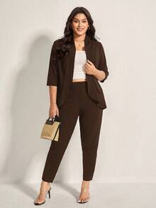 Comfylo Traje de oficina de 2 piezas de unicolor para mujer de talla grande, con blazer de 3/4 de manga y pantalones. Traje casual de negocios de talla grande en color marrón para mujer, conjunto de traje marrón de talla grande para uso en la oficina, traje de pantalón de talla grande para mujer en otoño/invierno