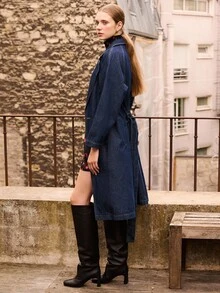 lacRébo Chic Denim Trench Coat With Belt And Double-Breasted Closure Spring Women Clothes Spring Summer - Dark Wash - View 6