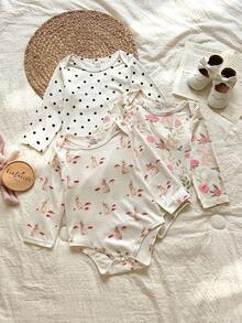 Vintaside Kids 3 Potong Set Bodysuit Bayi Perempuan, Gaya Pedesaan Modis Serbaguna Cocok untuk Semua, Bodysuit Lengan Panjang Motif Kelinci & Jamur Lucu, Cocok untuk Musim Semi, Musim Gugur & Musim Dingin - MultiWarna - View 3