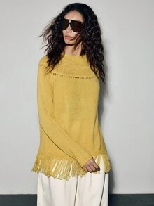 Lumivelle Jacquard Knit Top With Fringe Hem Fall Winter Cloth For Women - Yellow - View 5