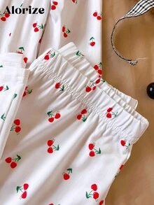 2 件套青少年女孩圆领长袖 T 恤，樱桃印花和松紧腰宽松直筒裤休闲装，秋季 - 白色 - 查看 4