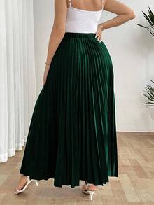 SHEIN Tall Elegant, avslappnad semesterkjol för kvinnor med lös plissering och resår i midjan, svart, plus size - Mörk Grön - Visa 2