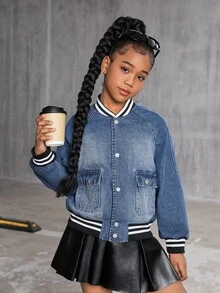 Tween Girls Vintage Washed Loose Casual Baseball Jacket