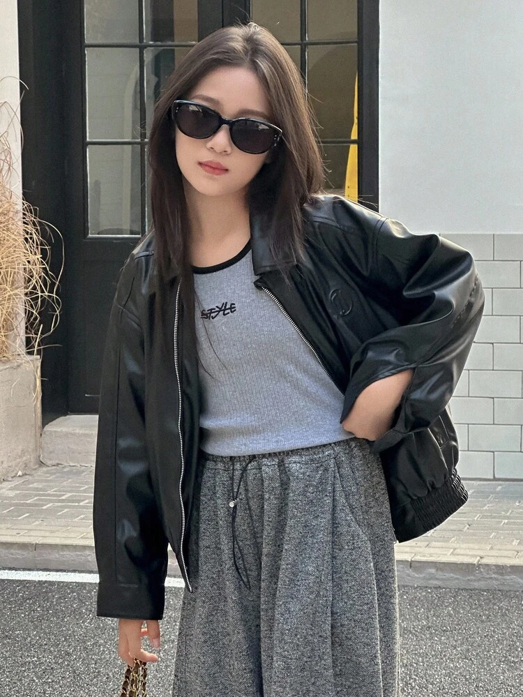 Tween Girls' Faux Leather Collar Jacket, Autumn