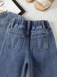 Baby Girls 2 Pieces Denim Set, Cute & Fashionable Light Blue Denim Jacket With Ruffle Collar And Loose Straight Leg Jeans With Floral Hem Fall Winter - Light Wash - View 4