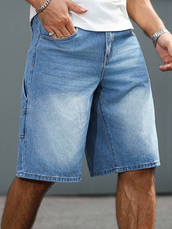 Manfinity Homme Bermudas de mezclilla con bolsillos cargo y cintura con cordón, corte holgado para hombre