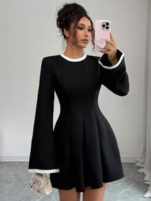 Elenzga Elegant Black & White Contrast Color Fitted Crew Neck Long Sleeve Mini Dress - Black - View 3