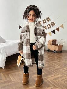 SHEIN Young Girl Young Girl Twims Girl Letter Decor Plaid Knit Casual Fuzzy Jacket,Warm & Comfortable, Fashion Warm Jacket, Suitable For Casual Everyday Wear,Fleece Mid-Length Lapel Collar Long Sleeve Coat For Winter,For Halloween.Back To School Seasom.,Mommy & Sister & Me Matching. Fall - Coffee Brown - View 4