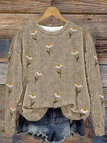 EMERY ROSE Casual Minimalist Printed Pattern Crew Neck Loose Fit Plus Size Women Sweatshirt, Vintage Style, 3D Embroidered Print, Suitable For Early Autumn Pullover For WomenIn ,Spring