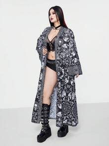 SHEIN Whyspr 加大码时尚深色哥特式骷髅和蝙蝠印花喇叭袖长衬衫 - 黑色 - 查看 4