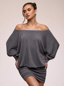 SHEIN BAE Vestido mini de mujer de unicolor con hombros descubiertos, mangas tipo murciélago y fruncido de moda