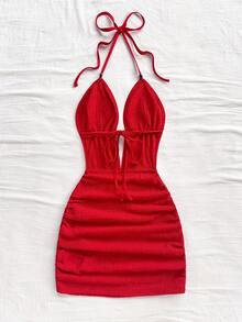 Soleia Women's Solid Color Backless Halter Mini Dress, Summer Red For Women Party Dresses Christmas Wedding Guest Chic - Red - View 2