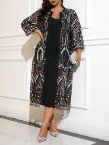 SHEIN Clasi Bộ 2 món áo cardigan lưới dài tay đính hoa sequin cỡ lớn cho nữ thanh lịch - Nhiều màu - Xem 6