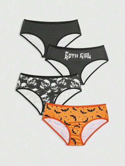 Goth 3pcs/Set Gothic Bat, Skull & Skeleton Print Women's Panties, Halloween Theme