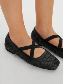 Styleloop 黑色网眼编织舒适简约透气松紧带女士平底鞋，适合度假、波西米亚风、万圣节、圣诞节、秋季 - 黑色 - 查看 2