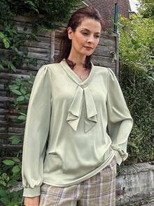 Livesso Women's V-Neck Bowknot Loose Satin Shiny Blouse Long Sleeve Top - Green - View 6