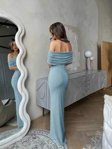 Jemour Váy bó sát hở vai lãng mạn cho hẹn hò, kỳ nghỉ, mùa xuân/hè, vải có họa tiết - Màu xanh nhạt - Xem 5