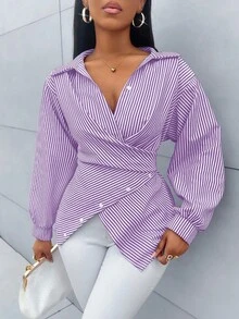 SOLERSUN 女士条纹印花纽扣衬衫，不对称下摆，蝙蝠袖，裹身式上衣，秋季，长袖，冬季，优雅，日常通勤，外出，休闲 - 紫色 - 查看 3