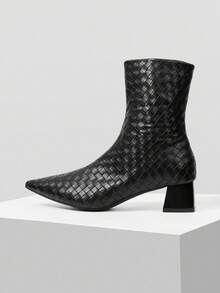 Mnmlis 2025 New Pointed Toe Ankle Boots For Women, Low Chunky Heel Short Shaft Boots, Tight Fit Boots, Plus Size Fashion High Heel Boots For Christmas Valentine's Day - Black - View 5