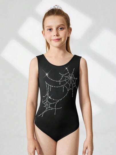 SHEIN Tween Girls Halloween Leotards, Rhinestone Graphic, Gymnastics, School Competition Sportswear Fall Winter