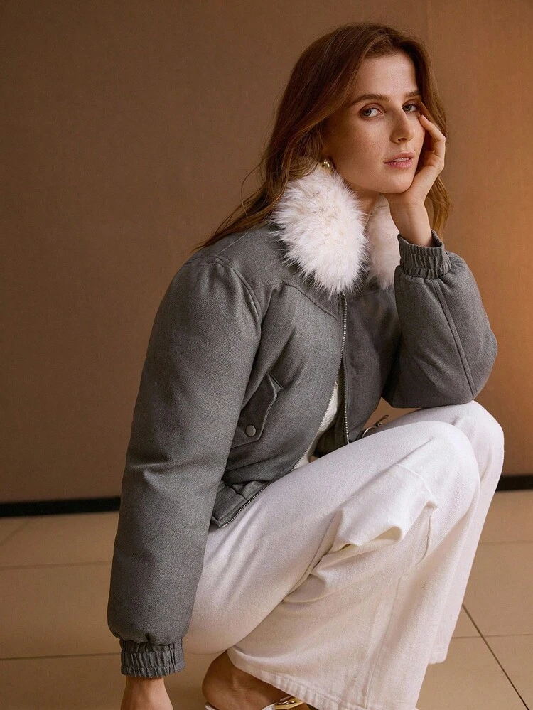 FURRY COLLAR SHORT PADDED COAT, AUTUMN/WINTER