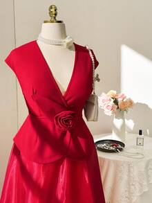 Flirla Plus Size Women 2 Pieces Set: Solid Color Floral Decor Elegant Top & Mesh Midi Skirt - Red - View 5