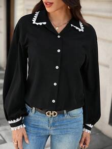 EMERY ROSE Camisa casual de mujer con botones al frente, de manga larga y colores lisos con parches - Negro - Ver 4