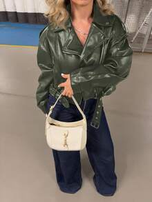Jeta Ari Women's Fashion Zip-Up Stand Collar Motorcycle Jacket, Autumn - Army Green - View 3