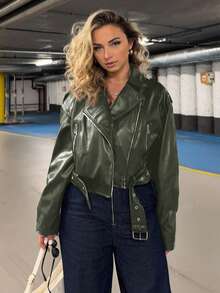 Jeta Ari Women's Fashion Zip-Up Stand Collar Motorcycle Jacket, Autumn - Army Green - View 5