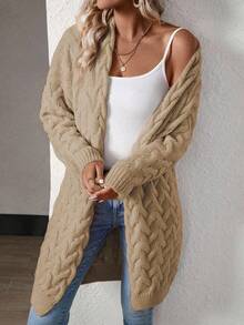 EMERY ROSE Women's Casual Long Knitted Cardigan With Dropped Shoulder And Cable Pattern, Autumn - Khaki - View 6