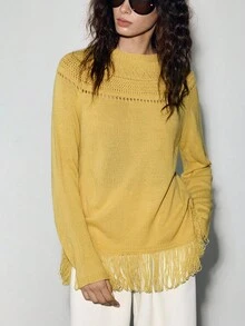 Lumivelle Jacquard Knit Top With Fringe Hem Fall Winter Cloth For Women - Yellow - View 1
