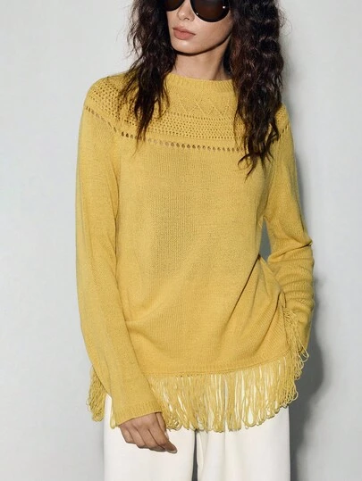 Lumivelle Jacquard Knit Top With Fringe Hem Fall Winter Cloth For Women