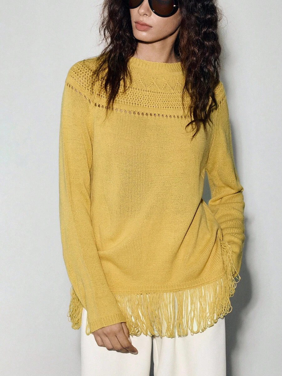 Lumivelle Jacquard Knit Top With Fringe Hem Fall Winter Cloth For Women - Yellow - View 1