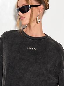 复古水洗宽松T恤，KIZN印花，适合女性秋季街头风格 - 彩色 - 查看 5