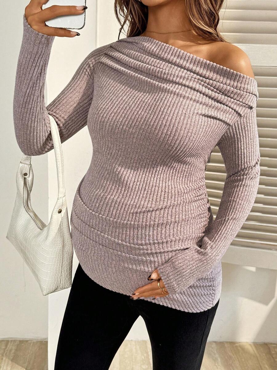 SHEIN Autumn And Winter Maternity Solid Color Ruched Ribbed Oblique Shoulder Long Sleeve Fitted T-Shirt - Dusty Pink - View 1