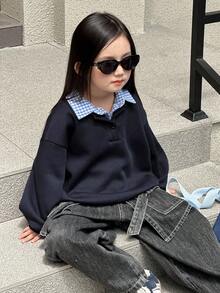 DAZY Sweatshirt Lengan Panjang Gaya Korea Warna Kontras untuk Anak Perempuan, Musim Gugur/Dingin - Navy Blue - View 9