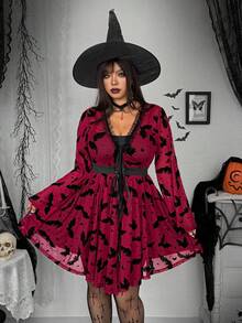 Whyspr Đầm cỡ lớn phong cách Grunge Punk, tay áo loe, chất liệu lưới xuyên thấu, phối màu tương phản, cổ chữ V, eo ngắn. - Nhiều màu - Xem 3