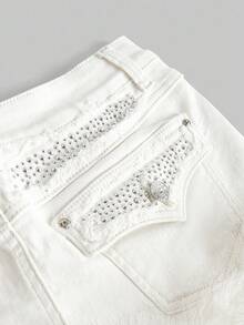 ROMWE Grunge Punk Y2K 女士毛绒超低腰迷你牛仔裙 - 白色 - 查看 4