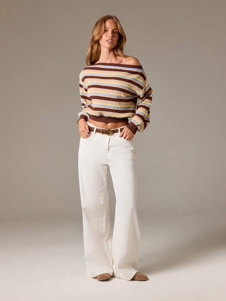 Striped Off Shoulder Cropped Knit Top