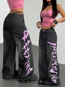 StreetHx Low Waist Printed Wide Leg Straight Jeans