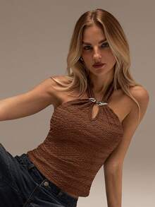 SHEIN Forever 21 海滩度假 夏季文艺复兴博览会 乡村音乐会 Y2k 上衣 毕业典礼 外出露背上衣 音乐节 机场 复活节 波西米亚风女式上衣 - 棕色 - 查看 4