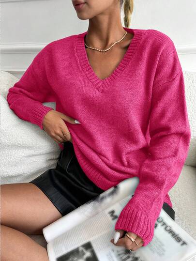 EURMUSE Women's V-neck Drop Shoulder Sweater