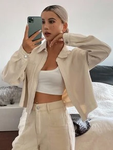 DAZY Conjunto de top corto con cuello y jeans de corte holgado para mujer - Caqui - Ver 4