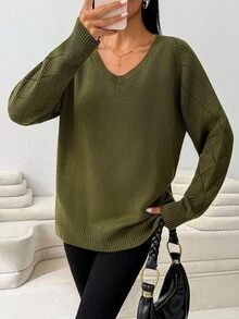 EURMUSE Áo len cổ tròn dệt kim gân cỡ nhỏ thường ngày cho nữ - Màu Khaki - Xem 4