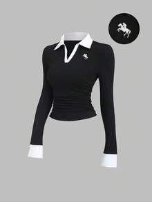 Sweetra 女式休闲街头马球衫，带马匹刺绣，撞色袖口细节，长袖 - 黑與白 - 查看 1