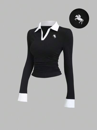 Sweetra Women's Casual Street Polo Shirt With Horse Embroidery, Contrast Color Sleeve Cuff Detail, Long Sleeve
